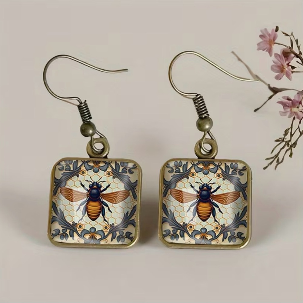 Vintage-Inspired Bee Square Dangle Earrings in Blue and Gold